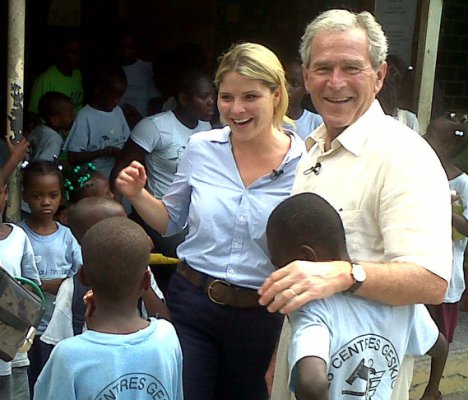 August 10, 2010: Former President Bush and daughter Jenna Bush Hager visit with schoolchildren at GHESKIO