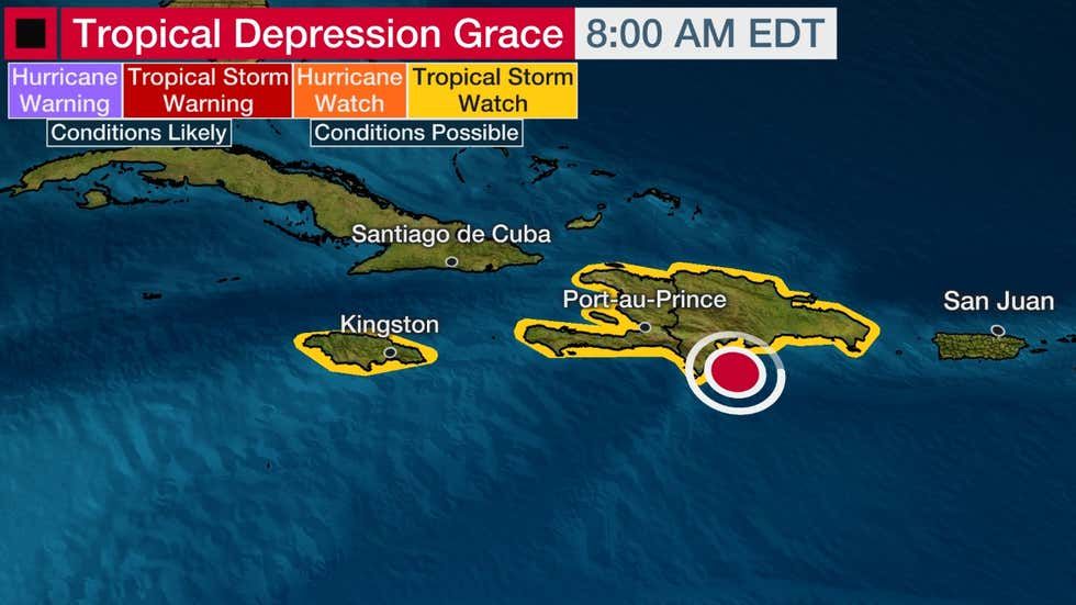 Tropical Depression Grace Tracking from 8am on Tuesday, August 16